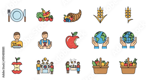 Colorful Thanksgiving Icons: Plate Cornucopia Wheat Apple People.