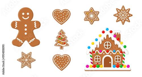 Assorted Gingerbread Cookies: Man Hearts Stars Tree and Decorated House.