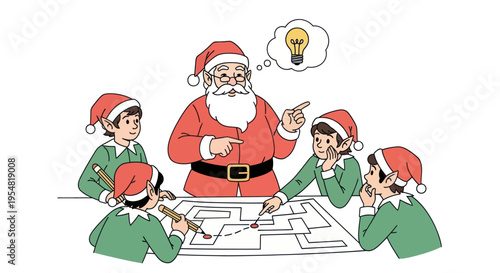 Santa Claus and his elves gathered around a table planning a Christmas delivery route on a map.