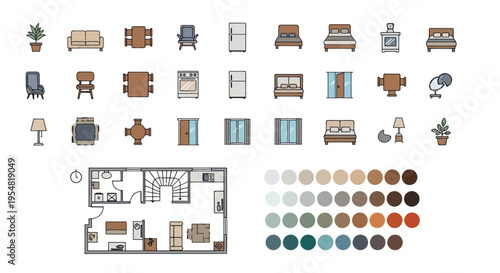 Furniture Set: Top-Down View of Various Home Furnishings and a Floor Plan.