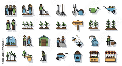 Collection of Gardening Icons Depicting Tools Plants and People.