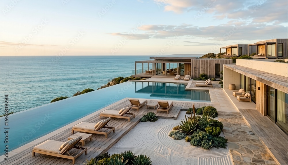 Fototapeta premium Minimalist Wellness Resort Infinity Pool and Private Villas overlooking Ocean, Unpopulated Serene Retreat Landscape at Dawn