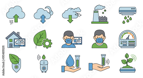 Collection of Environmental and Health Icons Representing Climate Change and Sustainability.