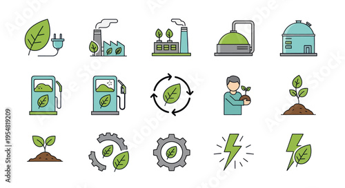A colorful icon set representing green energy bioenergy and sustainable ecological concepts.