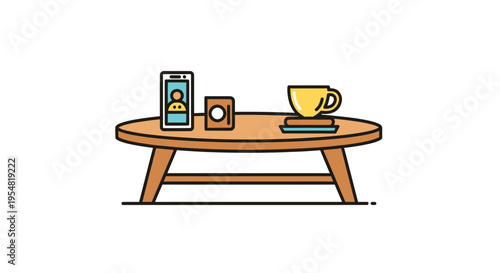 Minimalist wooden coffee table with smartphone photo frame and yellow coffee cup.