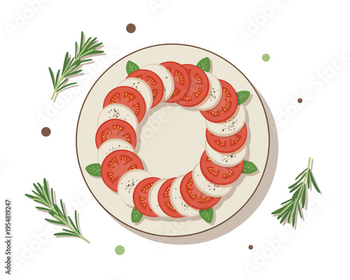 Delicious Italian caprese salad with tomatoes mozzarella cheese and herbs on plate