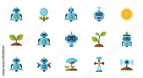 Collection of diverse blue robots green plants and sun flat design icons.
