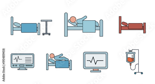 Collection of Medical Hospital Bed and Patient Icons.