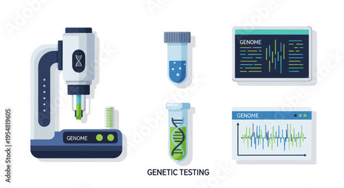 Modern genetic testing equipment and DNA analysis data screens illustration.