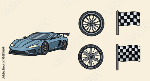 Sleek Blue Sports Car with Racing Wheels and Checkered Flags.