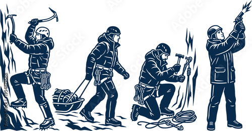 Mountain climber expedition vector icons set