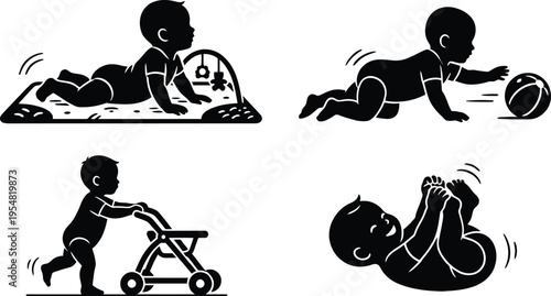 Silhouette collection of baby developmental milestones and early childhood growth stages