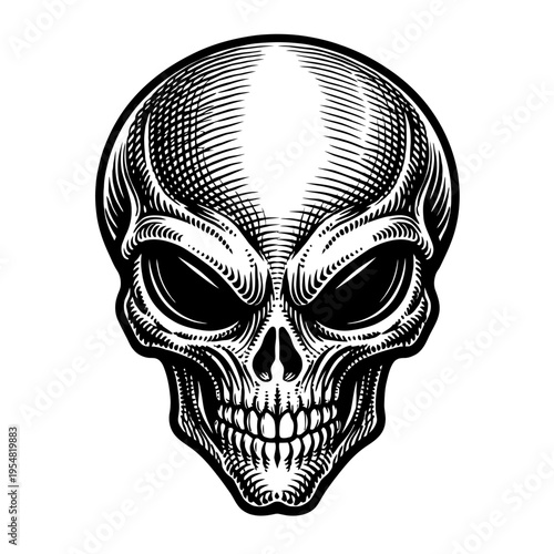 Monochrome alien skull vector art illustration in intricate engraving style. Features large, dark, hollow eyes, skeletal jaw, and detailed crosshatching. Ideal for sci-fi, horror, tattoo, gothic, myst