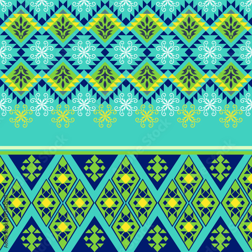 Green and blue Native American seamless pattern. Vector tribal ethnic pattern. Aztec, Mexican, Navajo, and African motifs. Ideas for wallpapers, elaborate borders, and textiles.