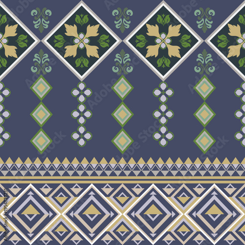 Sage green and mustard yellow tribal vector ornament. Seamless African pattern. Ethnic carpet with chevrons. Geometric mosaic on the tile, majolica. Navajo pattern. Wallpapers and elaborate borders.