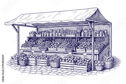 Local market stall vector sketch showing fresh organic produce and fruit baskets