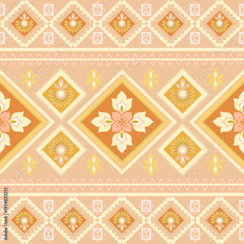 Terracotta and mustard yellow ethnic seamless pattern. Aztec ornament. Tribal vector texture. Geometric and floral patterns. Textile rapport. Wallpapers, rugs, and backdrops.