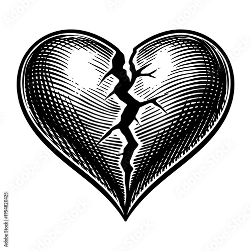 Striking Black and White Woodcut Engraving Illustration of a Broken Heart Symbolizing Profound Emotional Pain, Lost Love, and Heartbreak. A Vintage-Style Graphic Design Element for Emotive Art Project