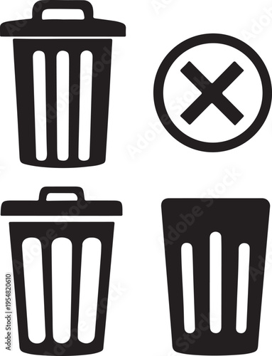 Various black trash can icons and a delete symbol on a transparent background illustration