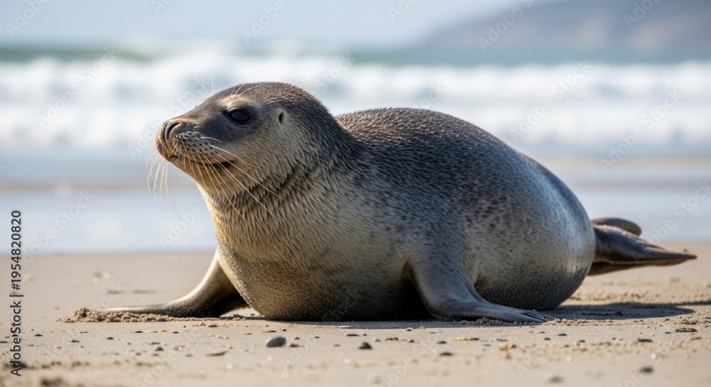 Fototapeta premium Cute seal relaxing on the beach, a marine mammal in nature with ocean waves. Wild animal portrait of a harbor seal on sandy beach.