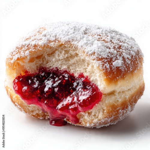 Fresh jelly-filled donut with raspberry jam and powdered sugar on white background