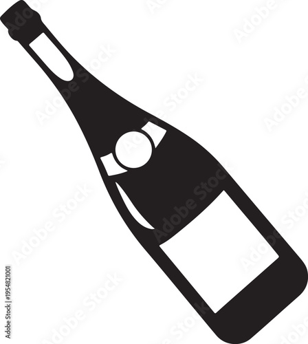 Black champagne bottle silhouette with label and cap on transparent background
