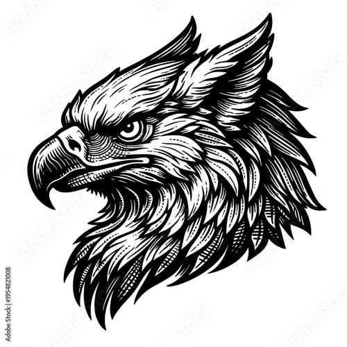 Majestic Engraved Eagle Head Illustration: A powerful and intricate black and white design showcasing the detailed features of a formidable bird of prey, perfect for vintage logos, patriotic emblems,