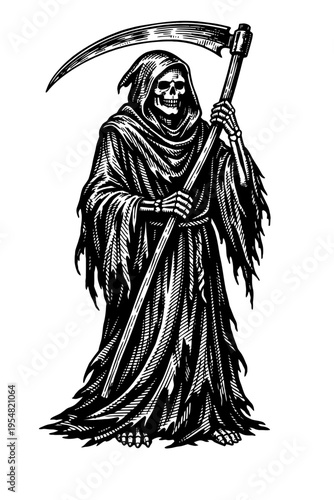 A powerful, intricately detailed vintage woodcut illustration depicting the iconic Grim Reaper, a skeletal figure draped in a flowing, tattered hooded robe, menacingly wielding his classic large curve