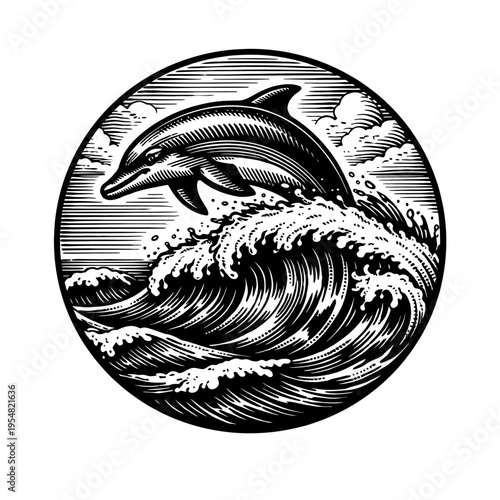 Majestic dolphin leaping gracefully from powerful ocean waves, rendered in intricate black and white woodcut style, enclosed within a classic circular emblem. This captivating marine illustration embo