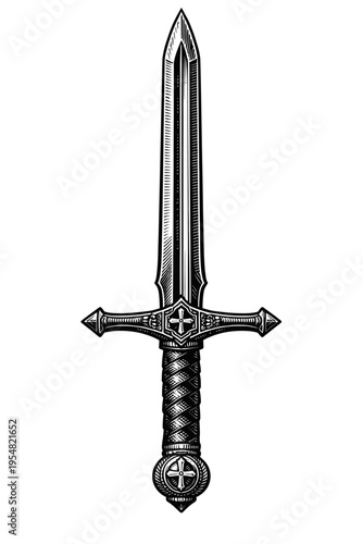 Intricate medieval broadsword vector illustration in a classic woodcut engraving style, featuring a detailed crossguard and pommel with powerful cross motifs, perfect for historical, fantasy, or knigh