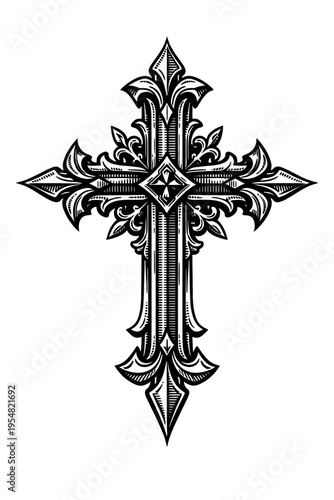 Ornate Gothic Cross Vector Art: Intricate black & white design with detailed scrollwork, sharp points & central diamond. Ideal for spiritual symbolism, religious designs, tattoo art, vintage graphics,