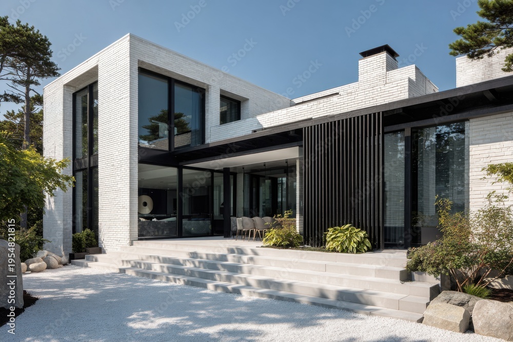Fototapeta premium The contemporary architectural style features sleek, clean lines and expansive windows, perfectly situated in a bright and sunny outdoor environment