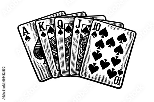 Exquisite vintage engraving of the Royal Flush in Spades: Ace, King, Queen, Jack, Ten cards. This ultimate poker hand signifies peak luck, strategic skill, and triumph in high-stakes casino games, cla