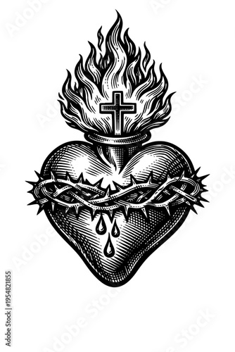 Sacred Heart of Jesus Christ. Vintage black and white engraving featuring a flaming heart, crown of thorns, a cross, and drops of blood. Symbolizes divine love, sacrifice, redemption, and Christian de