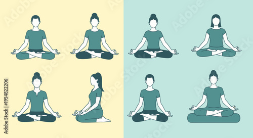 Diverse Yoga Poses of Figures in Meditation and Lotus Position.
