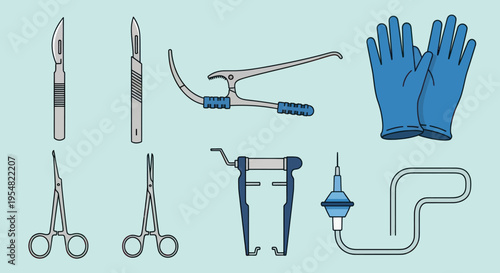 Assorted Surgical Instruments and Medical Gloves Illustration on Light Blue.