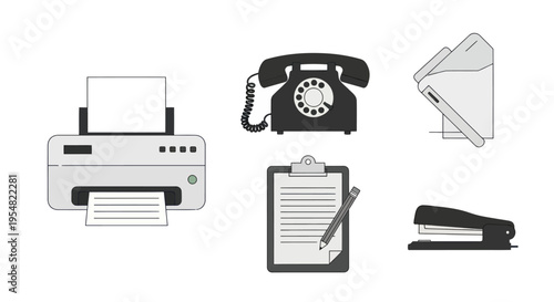 Collection of office equipment: printer vintage phone stapler clipboard document holder.