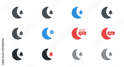 Diverse collection of crescent moon and notification bell icons for UI design.