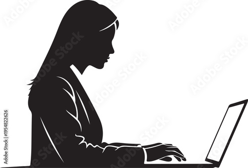 Vector silhouette of a professional business woman working on a laptop computer.