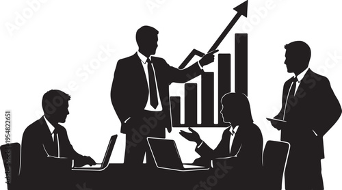 Vector business growth silhouette featuring a leader analyzing bar charts with a professional team.