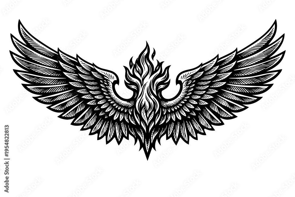 Obraz premium Majestic and Intricate Black and White Illustration of Stylized Outstretched Wings with a Dynamic Central Flame, Evoking Themes of Power, Freedom, and Mysticism, Perfect for Emblems, Logos, and Tattoo