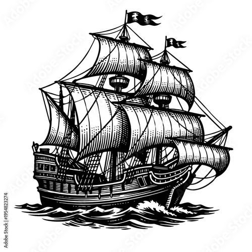 Magnificent vintage tall ship sailing on rough seas, a classic maritime woodcut illustration evoking ancient seafaring adventures and historical exploration, perfect for nautical themes and pirate lor