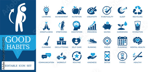 Good Habits and Healthy Lifestyle Icons. Featuring meditation, exercise, nutrition, and time management symbols. Editable vector set for wellness apps and productivity journals