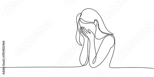 Woman sitting with hand on face line minimalist one line continuous line