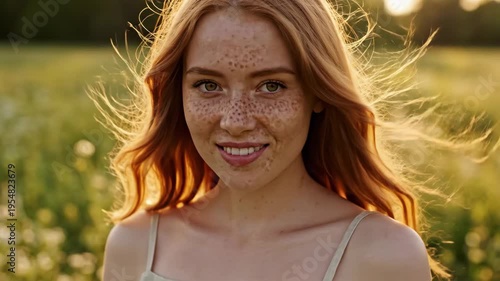 Beautiful redhead woman with freckles smiling in a sunny field