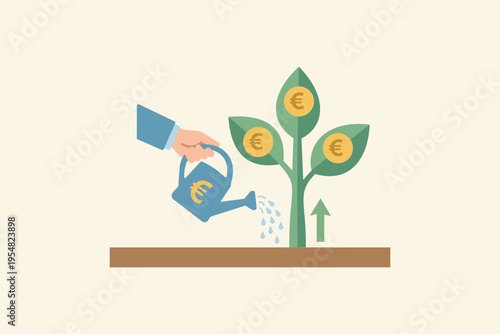 Investment Growth Concept With Money Tree, Euro Coins and Watering Can Representing Business Wealth