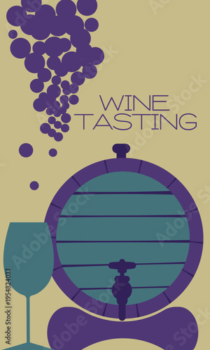 Conceptual winemaking art depicting symbols of oenology in a minimalist style. Decorative bubbles resembling a bunch of grapes complement the composition with a bottle and a glass