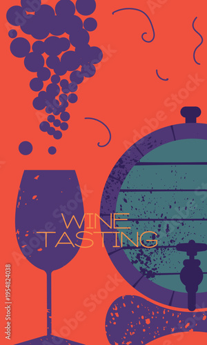 Stylized vertical illustration for a wine tasting event or festival. The composition features silhouettes of a wine bottle, glass, and barrel in a modern flat design style. 