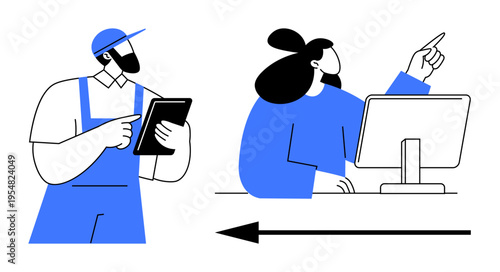 Workplace collaboration. Worker using tablet alongside office professional at computer. Seamless workflow and technology integration enhance workplace collaboration. Great for teamwork, business