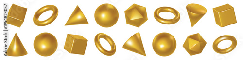 Abstract gold shapes, 3d sphere figure. Golden icon render of geometric metal element. Ball ring cube in yellow glossy vector, holographic torus, cone and ring. Bronze square isolated geometry graphic
